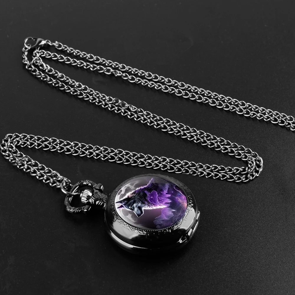 Montre de Poche à Quartz Rétro avec Pendentif pour Homme, Horloge Vintage, Loup Violet, Collier, Fob, Bijoux, Cadeau, Unisexe