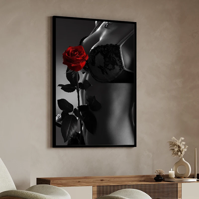 Sexy Woman Holding Red Rose Canvas Painting Nordic Black and White Posters Prints Wall Art Pictures for Living Room Home Decor view 2