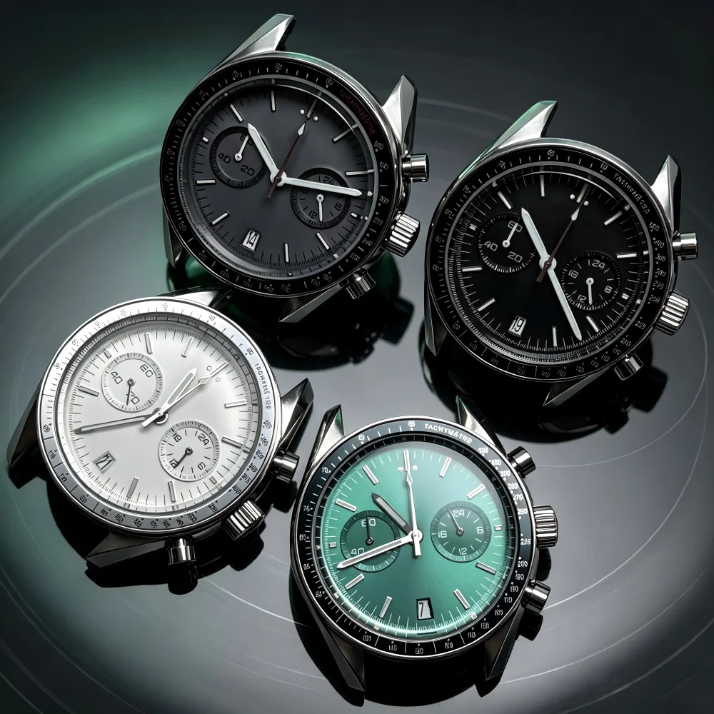 39.7mm automatic calendar men's watch with VK64 quartz movement, made of stainless steel, featuring a stylish chronograph bezel
