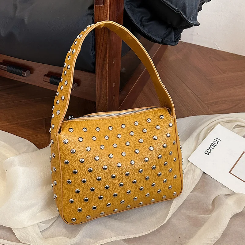 Trendy Rivet One Shoulder Bag For Women 2026 New Large Capacity Versatile Handbags Casual Shopping Commuting Square Bags