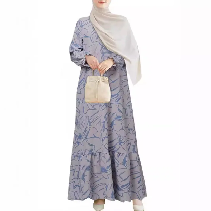 Muslim Women Abaya Middle East Fashion Long Sleeve Geometric Print Floral Dress