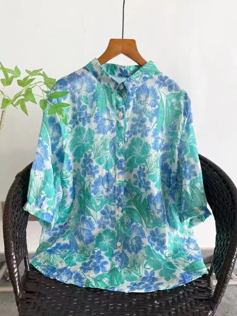 Women's Blue Tropical Leaf Floral Print 100% Ramie Linen Button Down Shirt Turn Down Collar 3/4 Sleeve Loose Fit Boho Blouse