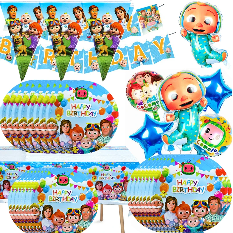 Cartoon Coco melons Party Decoration Disposable Tableware Set Balloon Banner Cup Plate for Kids Boy JJ Birthday Party Supplies