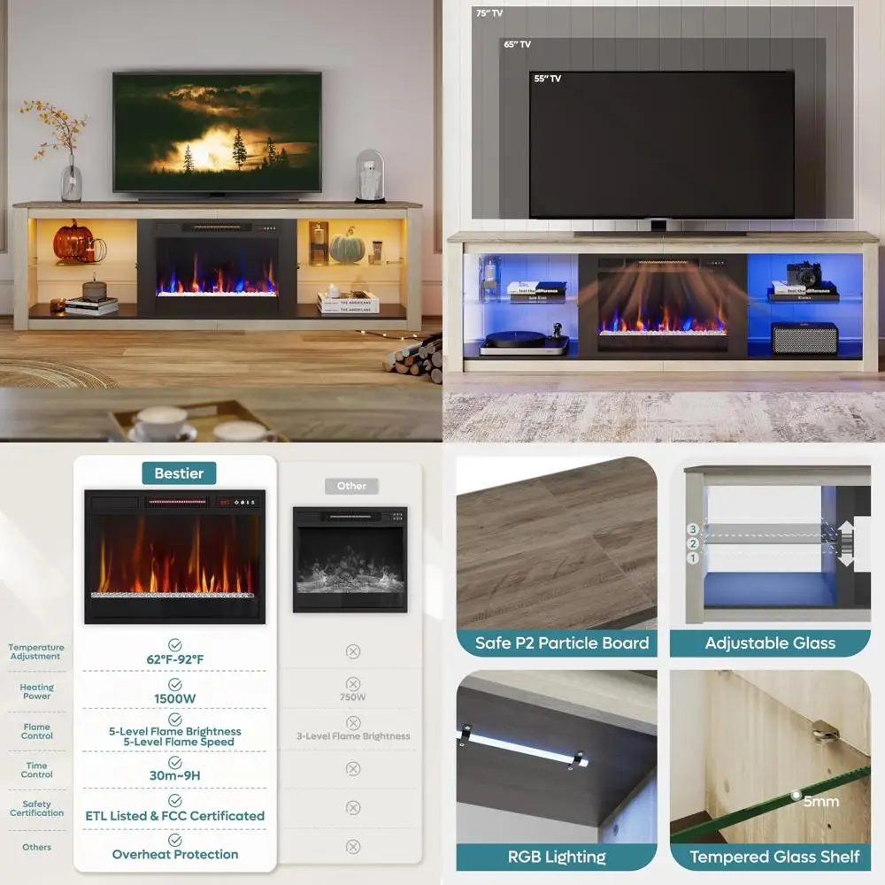 Bestier Supporto TV con caminetto da 70 pollici per TV fino a 80, centro di intrattenimento a LED con 23 caminetti elettrici, consolle multimediale per