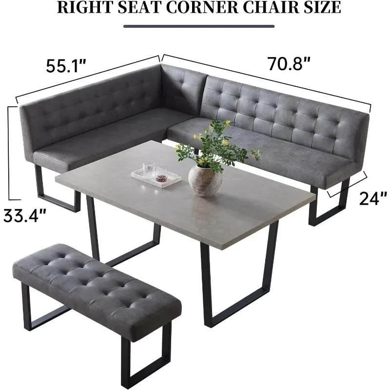 3 Piece Dining Table Set with Gray Bench, 42.9 Inch Modern Kitchen Table with Right Seat Corner Bench and 43.3 Inch Bench