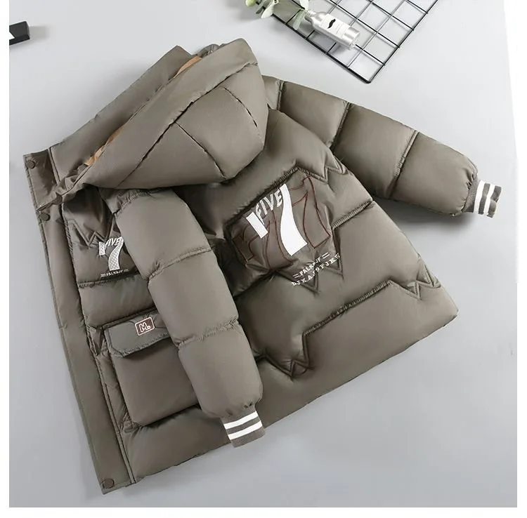 30 ℃ 2025, Winter-Jacke für Teenager und Jungen, Plüsch, dick, Kälteprävention, Briefdruck, mit Kapuze, Daunen-Baumwolle, Outdoor-Jacken für 4–11 Jahre – Detail 7