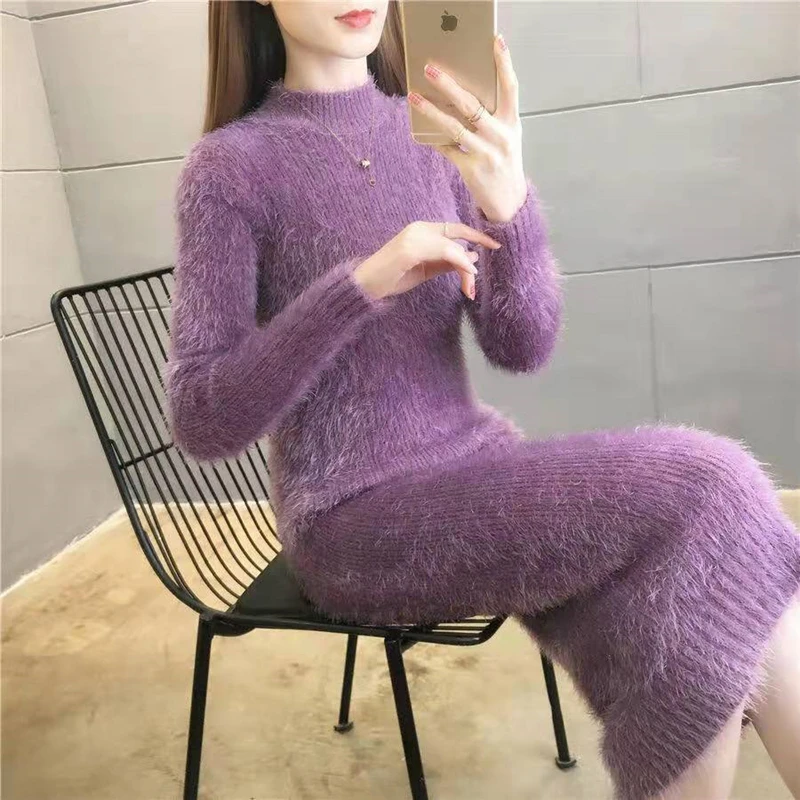 Women\'s Winter Clothing 2024 Imitation Mink Wool Thick Warm Turtleneck Sweater Dress Sheath Bodycon Dresses For Women Casual