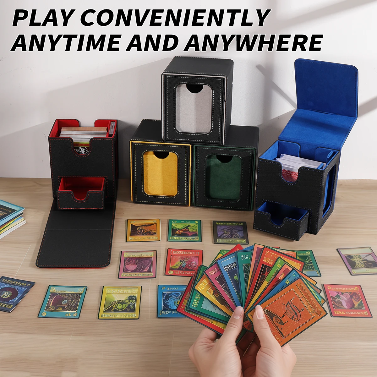 Caja de cuero para tarjetas MTG con 2 pantallas de comandante, almacenamiento de tarjetas impermeable de doble capa, puede contener más de 200 tarjetas de protección de doble capa
