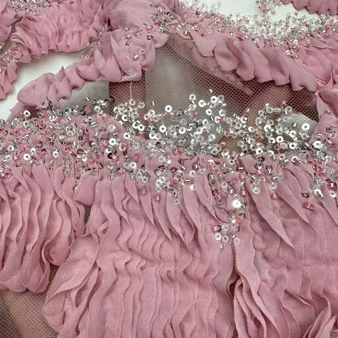 

African Ribbon Embroidery Pink Lace Fabric Sequins Beads French Tulle For Wedding Dress Sewing Material 5 Yards Lace Fabric