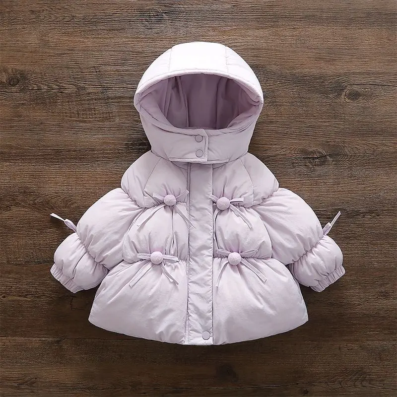 

2025 Baby Girls Winter Hooded Coats Cute Bow Cotton Padded Fleece Inside Warm Overcoats Fashion Kids Children Princess Clothes