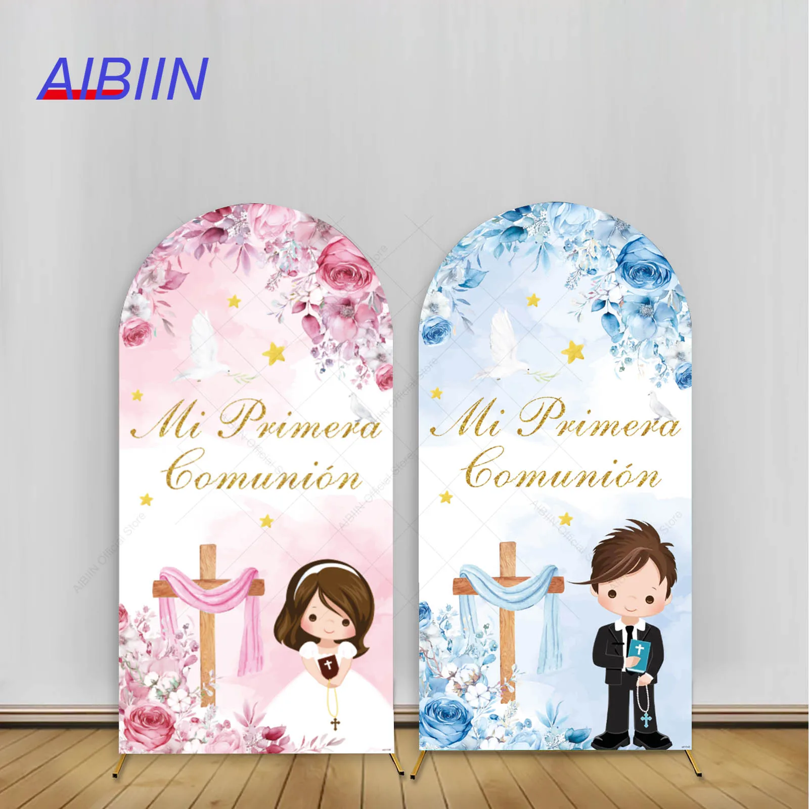 

Mi Primera Comunión Arch Backdrop Cover Blue or Pink Floral Cross First Holy Communion Party Decor Girl Boy Baptism Background