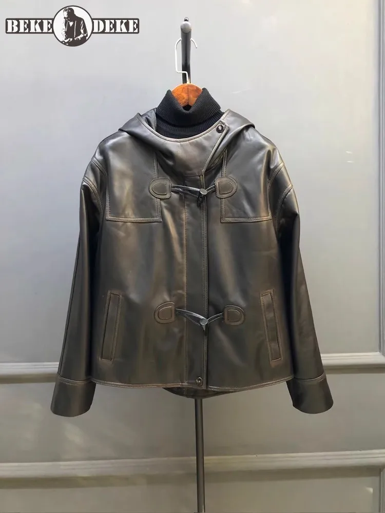 Spring Autumn Designer Women New Sheepskin Genuine Leather Hooded Single Breasted Loose Fit Bomber Jacket Windproof Jacket Coat