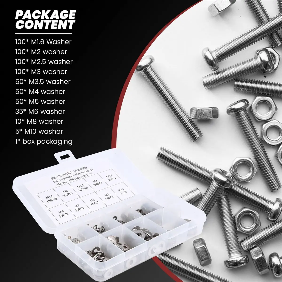 A75K 600Pcs/Set M1.6 M2 M2.5 M3 M3.5 M5 M6 M8 M10 Stainless Steel Flat Washer Plain Washer Gaskets Assortment Kit