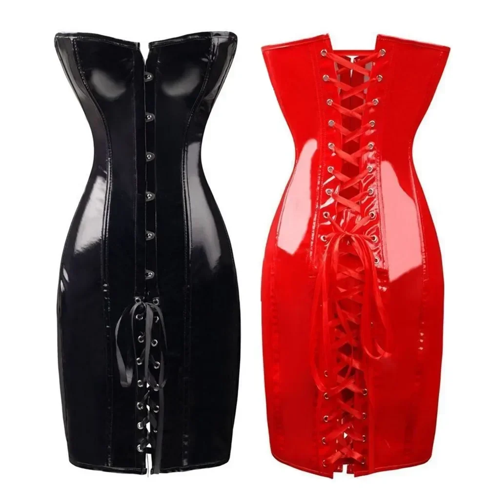 

Women Steampunk PVC Corset Dress PU Leather Overbust Bustier Waist Trainer Strapless Bodycon Dress