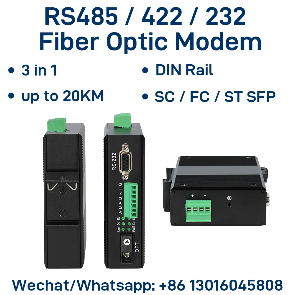 Módem Industrial de Fibra Óptica Serial RS485 RS422 RS232, Montaje en Riel DIN/Pared/Panel, SC FC ST, Convertidor Serial sobre Fibra de hasta 20KM