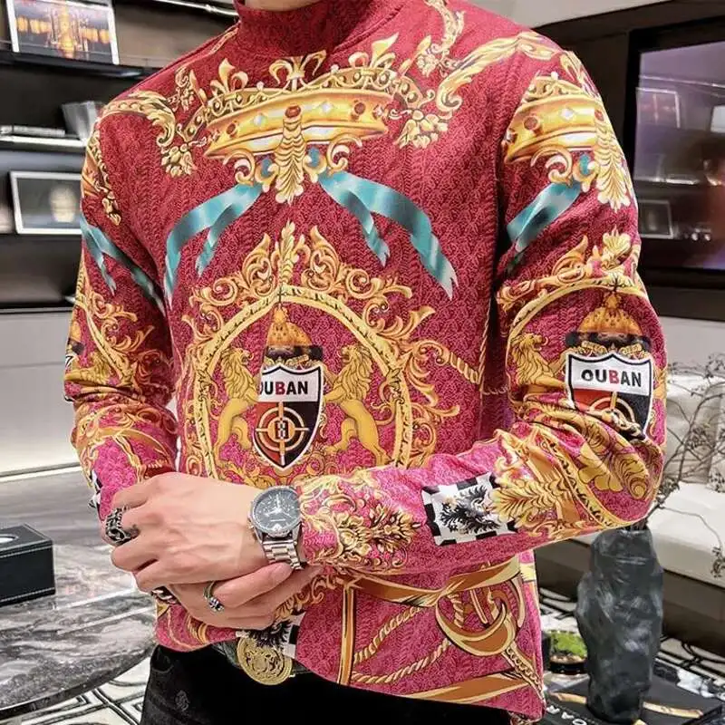 European T Shirt Men Slim Print Casual Tee  Homme Long Sleeve Men T-Shirt Camisetas Hombre Cashmere Round Neck Sweater For Men