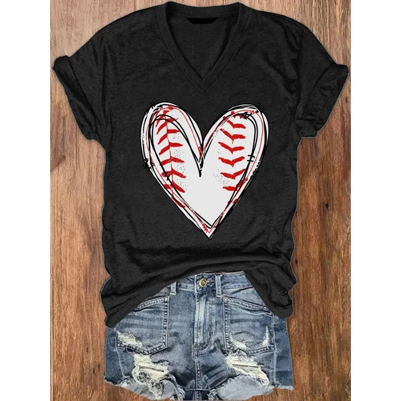 HOT Women's Baseball Print T-Shirts Summer V Neck Tops Short Sleeve Casual Tees