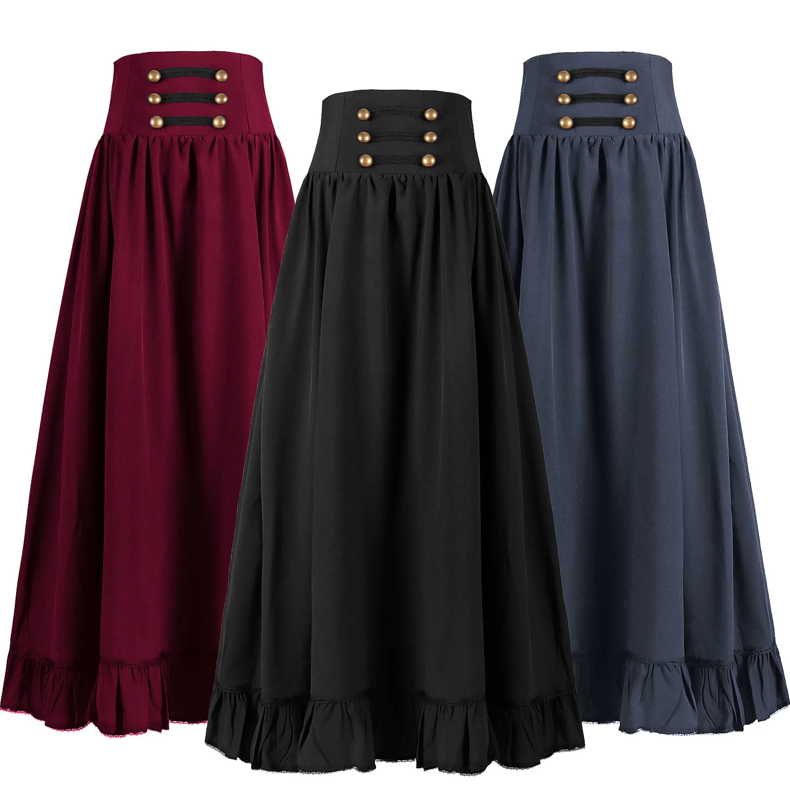 

European American Medieval Vintage Gothic Lace Up Waist Ruffled Flared Skirt Versatile Women's Skirt