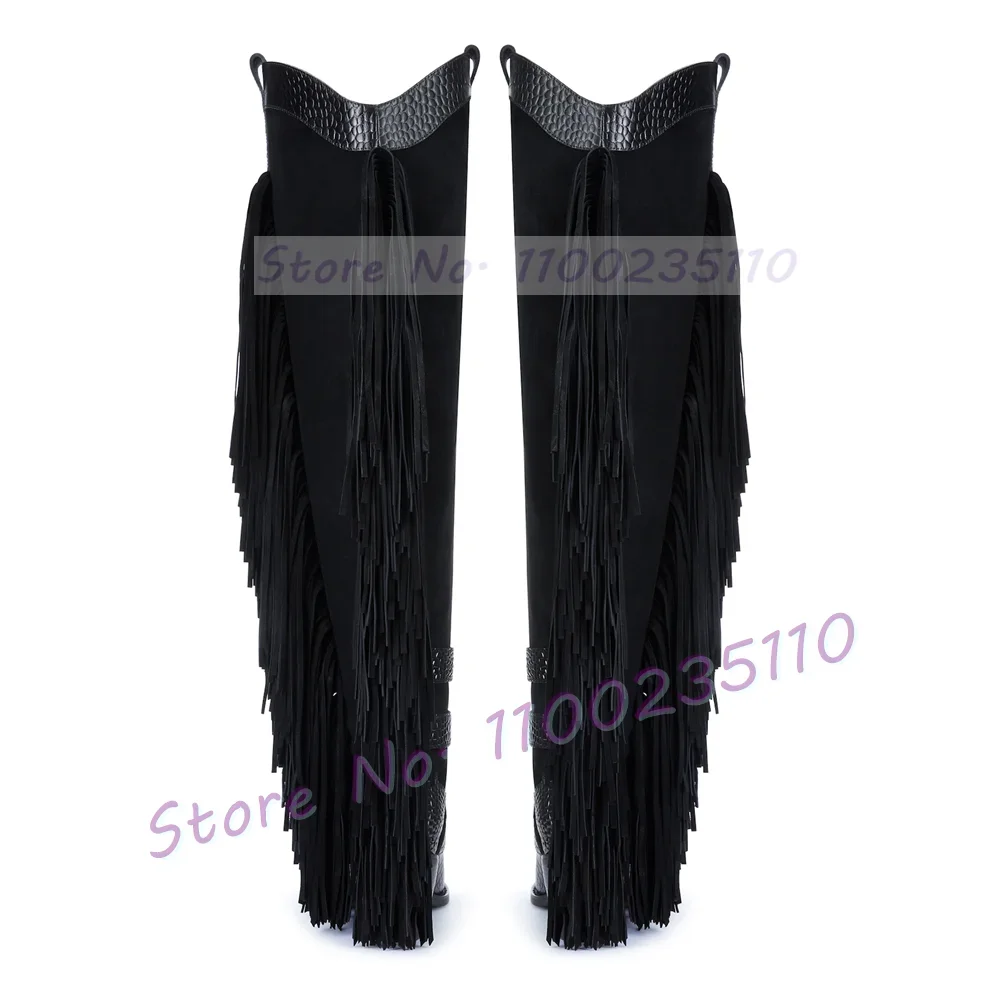 Black Fringes Western Long Boots Women Sexy Metal Pointy Toe Silver Buckles Block Heels Crocodile Splicing Thigh High Boots