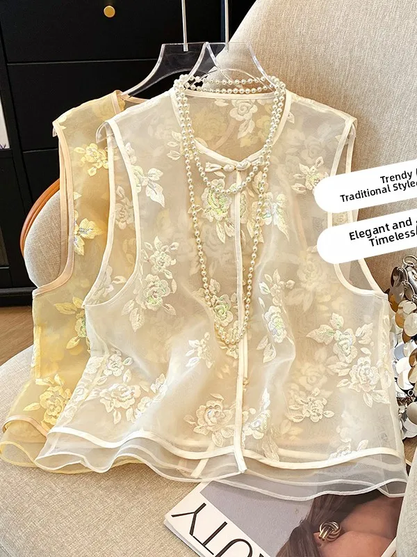 

New Chinese Sle Heavy Embroidery Women's Jaet Summer High-End round Ne Ogees Embroidery Tank Top with Button Detail