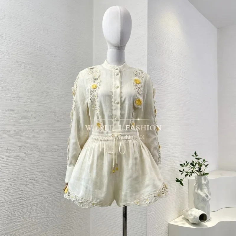 

High Quality Women Set White Embroidery Patchwork Long Sleeve Blouse Tops and Shorts Sets 2025 New