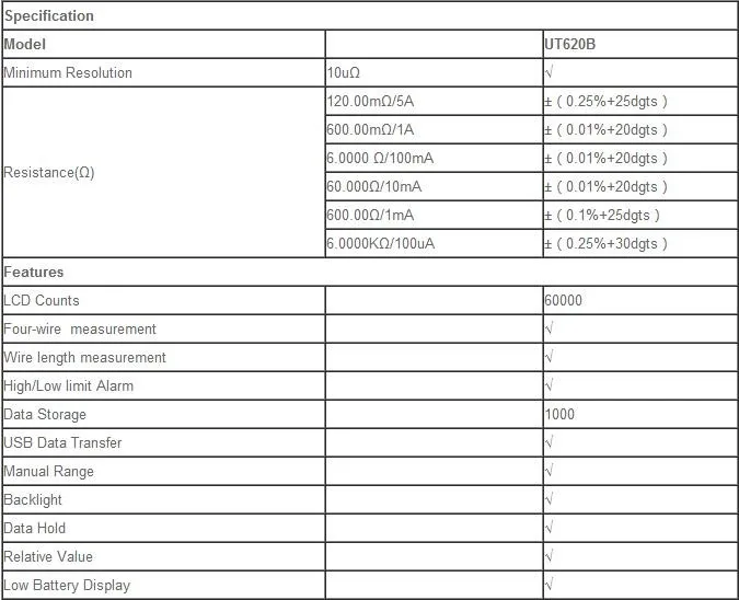 HotUni-t UT620B Digital Micro Ohm Meter Penguji Resistansi Rendah Transmisi USB UT-620B