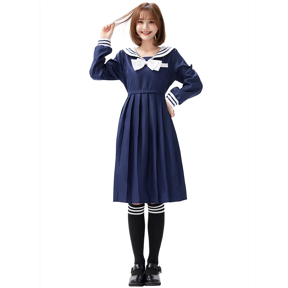 Girls Campus Cute Kawaii Preppy Style Dress Retro Navy Sailor Long Dress for Women Harajuku Lolita Sweet Bow-Knot Long Dress Set