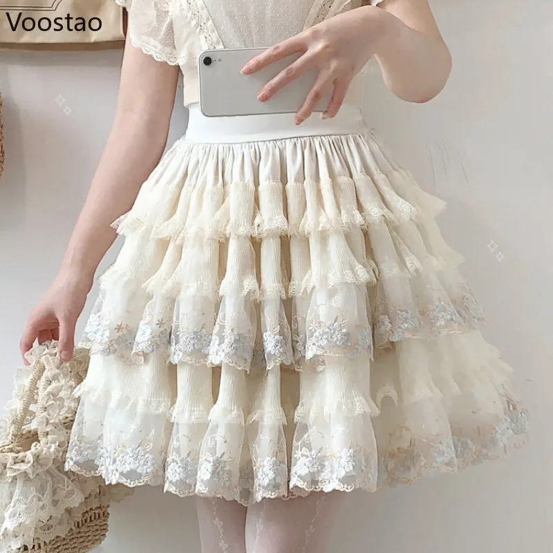 Sweet Gorgeous Lolita Style Princess Skirt Women Elegant Mesh Lace Embroidery Tiered Skirts Girly Kawaii High Waist Party Skirt