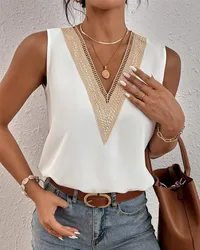 Blusa de encaje con cuello en V para mujer, camisa informal sin mangas, color blanco, 2023