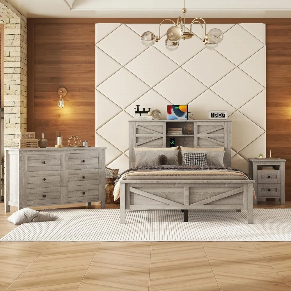 

Complete Bedroom Set in Full Size, featuring a Wooden Platform Bed, Matching Nightstand, and Dresser with Double Sliding Doors.