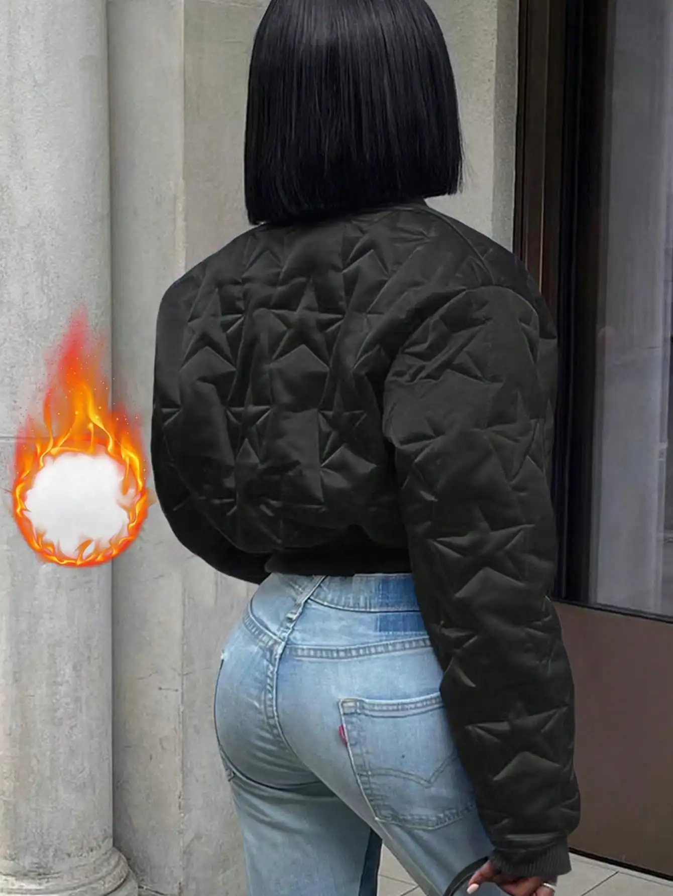 

Women's Black Quilted Short Bomber Jacket, Warm Puffer for Fall Winter Casual Streetwear