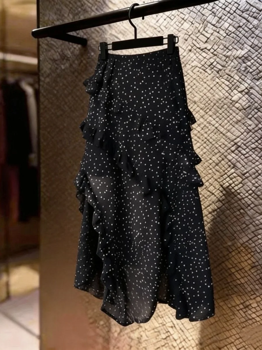 

Polka Dot Asymmetrical Splicing Midi Skirt Women's Set Summer New Elastic Waist Slimming Black Split mid Length Skirt