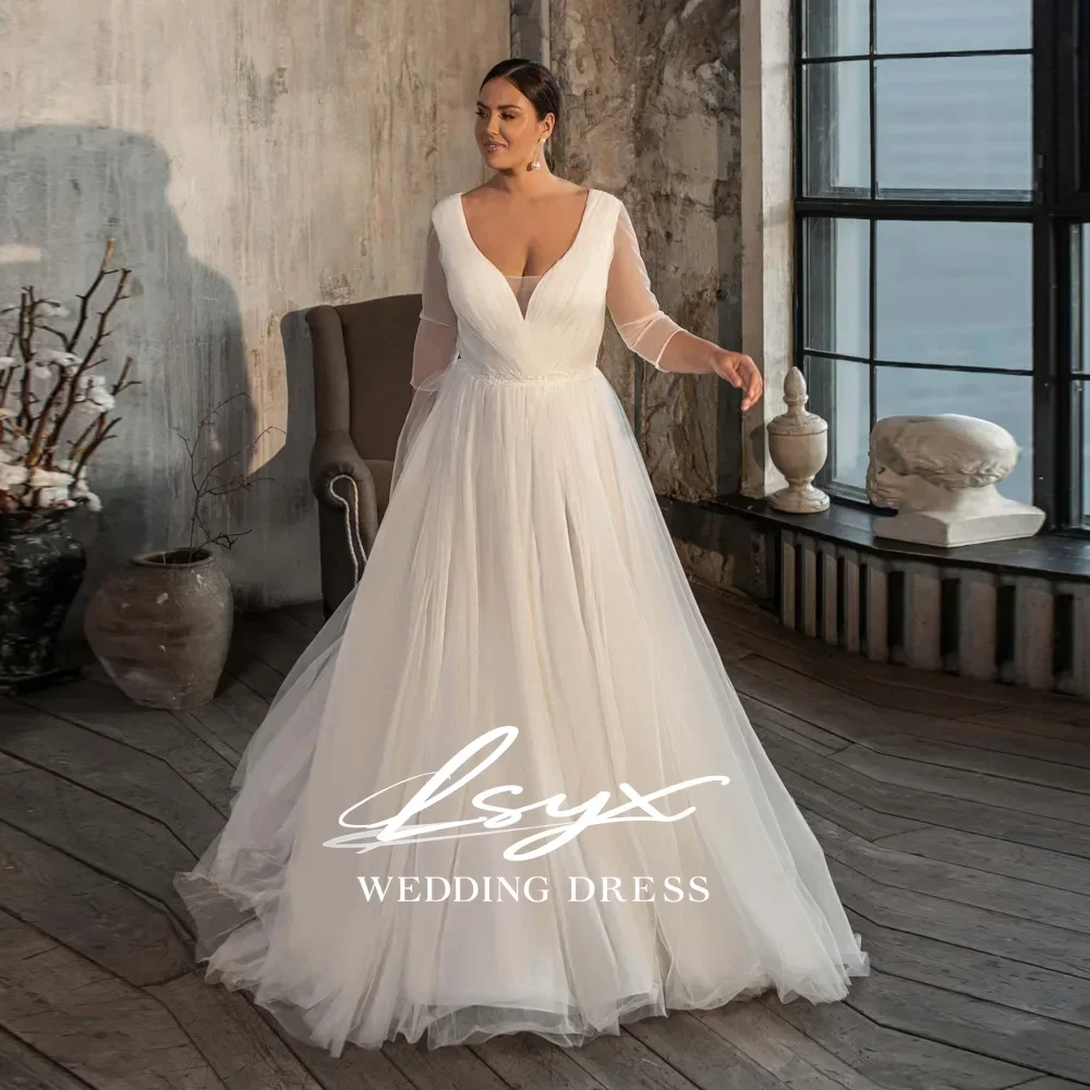 Plus Size V Neck Illusion Half Sleeve Wedding Dress Pleated Surplice Bodice Flowing Tulle A Line Skirt with Cathedral Train