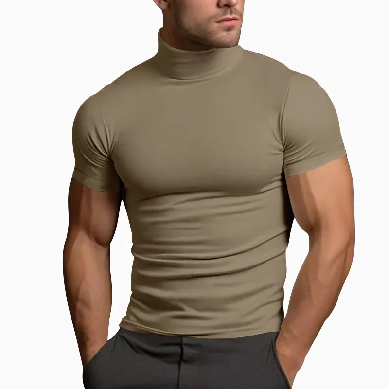 Cross-border Amazon 2024 summer solid color short-sleeved fashion bottoming shirt men\'s tight turtleneck T-shirt