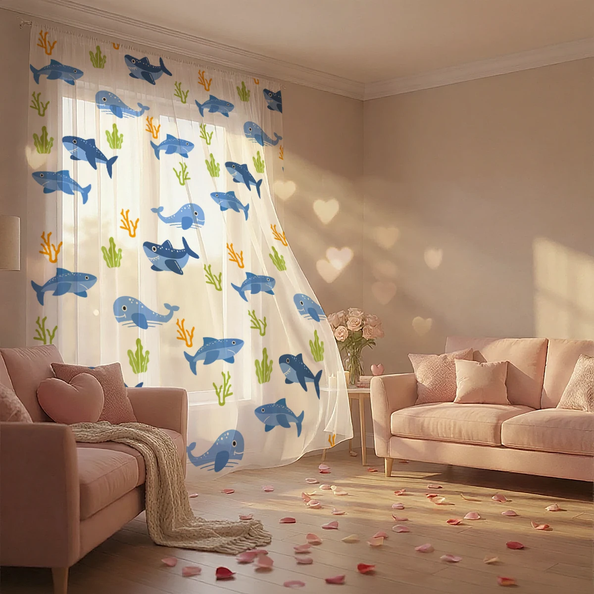 Blue Shark Whale Rod Pocket Sheer Curtains, Ocean Animal Print Voile Window Curtain for Kids Bedroom Living Room Home Decor