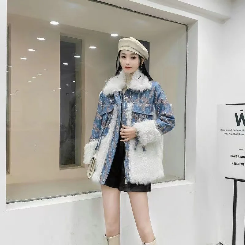 Lapel Imitation Fur Patchwork Denim Jacket 2024 Winter New Casual Loose Fashionable Warm All-Matching Faux Fur Coat Women