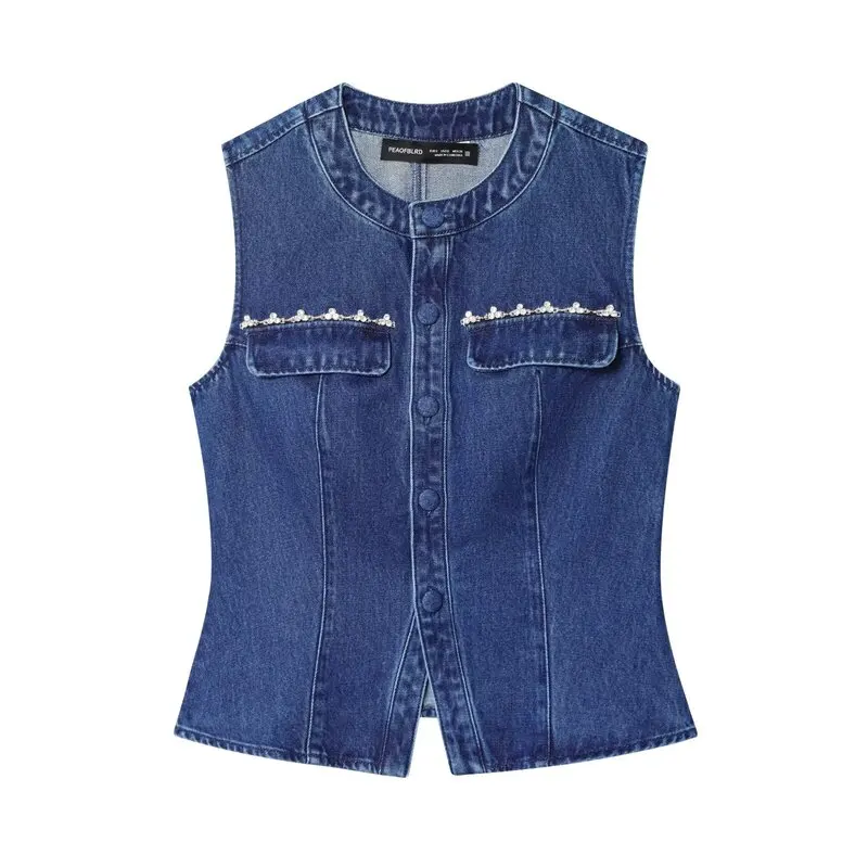 

Women's Faionable Svel Commuter Denim Vest Autumn 2025 Design Sensation Versatile round Ne ort Length Single Button