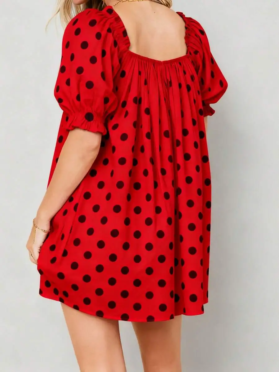 

Womens Polka Dot Mini Dress Loose Square Neck Puff Sleeve Short Dress Casual Daily Travel