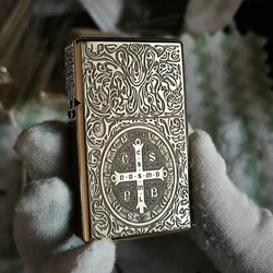 Zorro 538 Narrow Machine Armor Square Head Brass Kerosene Lighter Retro Engraving Pattern Brass Lighter Men's Collection Gift