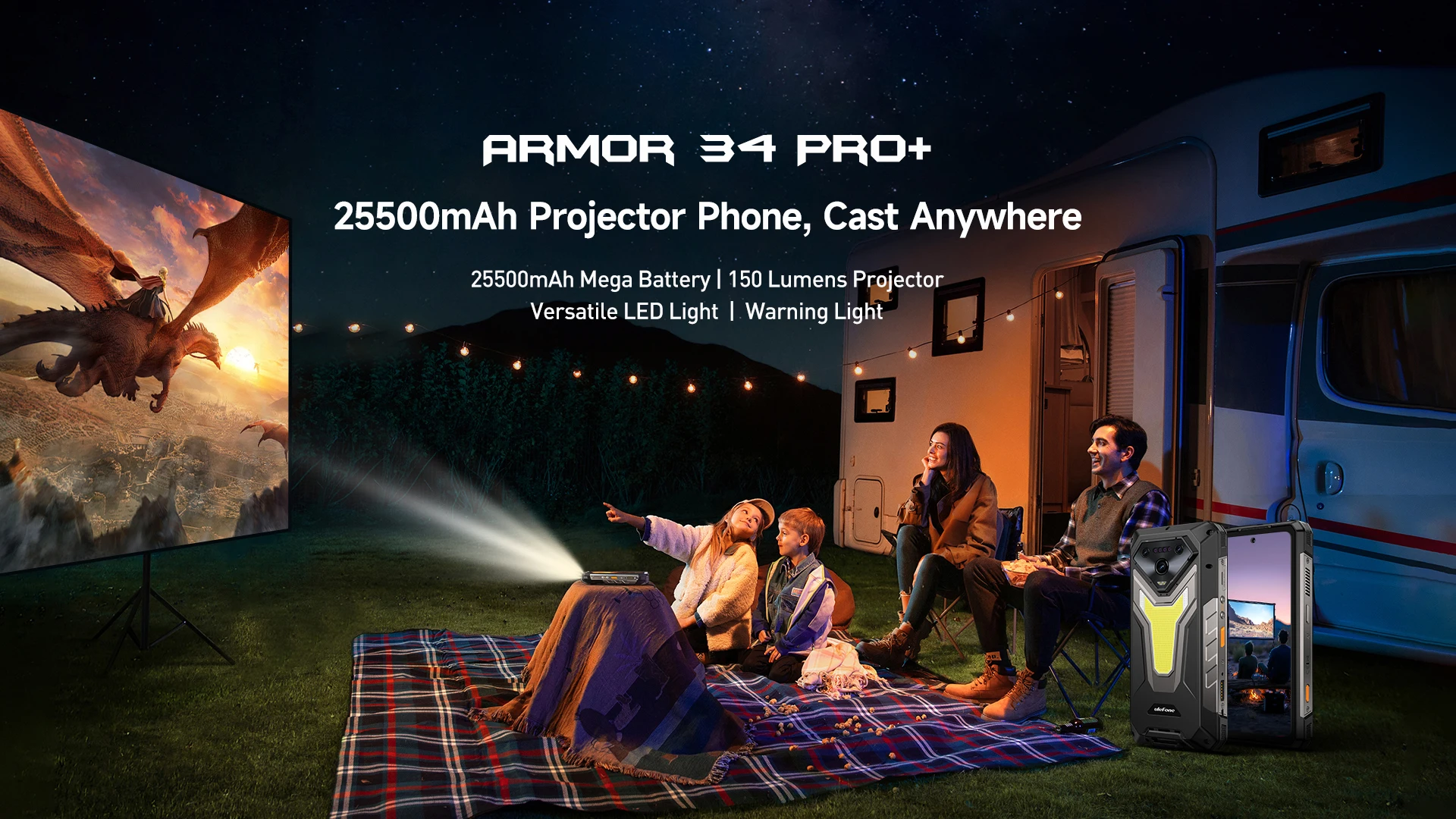 Ulefone Armor 34 Pro+ Projector Rugged Phone 16GB+512GB Night Vision 6.95'' Android 15 Dimensity 7300 25500mAh 5G Smartphone