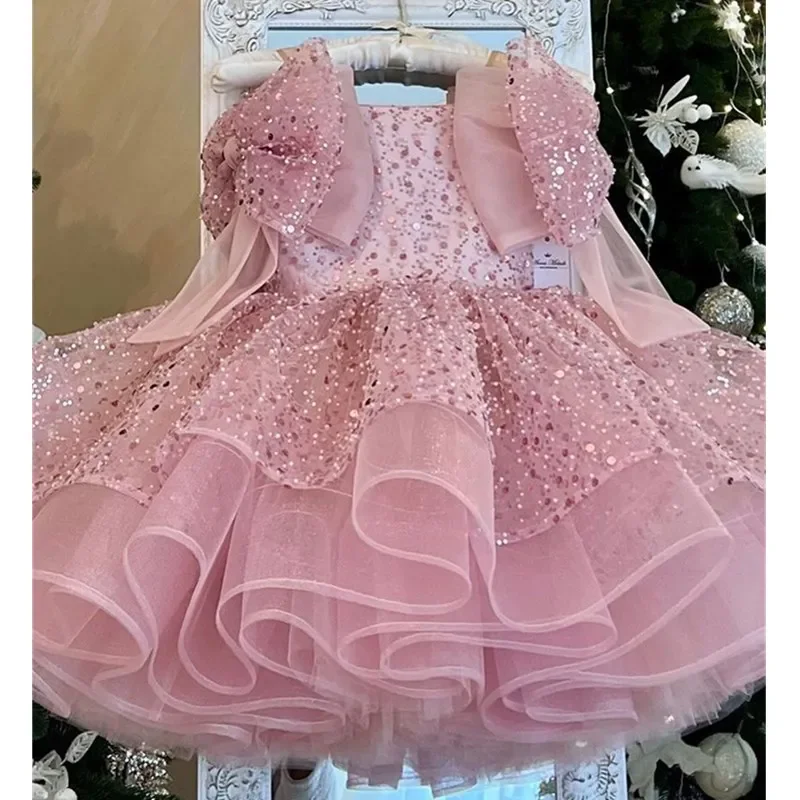 2024 new big bow fluffy party dresses for girls tiered Tutu child girl with sequined tulle flower girl dress