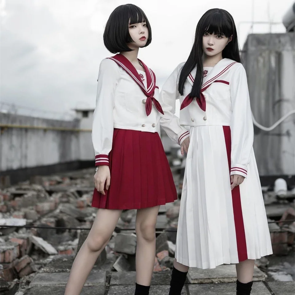 [Fire and Roses]Jk Uniform Academy Style Daily Bad Sailor School Uniform Set Red White Long Short Skirts Lolita Dresses Women