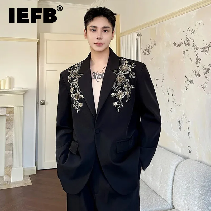 IEFB Korean Style Men\'s Blazers Three-dimensional Embroidery Sequins Single Button Male Casual Clothing New Fashion 2024 9C7244