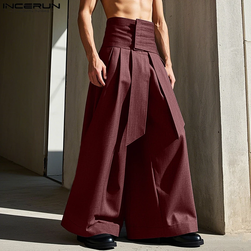 INCERUN 2025 American Style Pants Stylish Men High Waist Deconstruction Wide Leg Trousers Streetwear Male Solid Color Pantalons