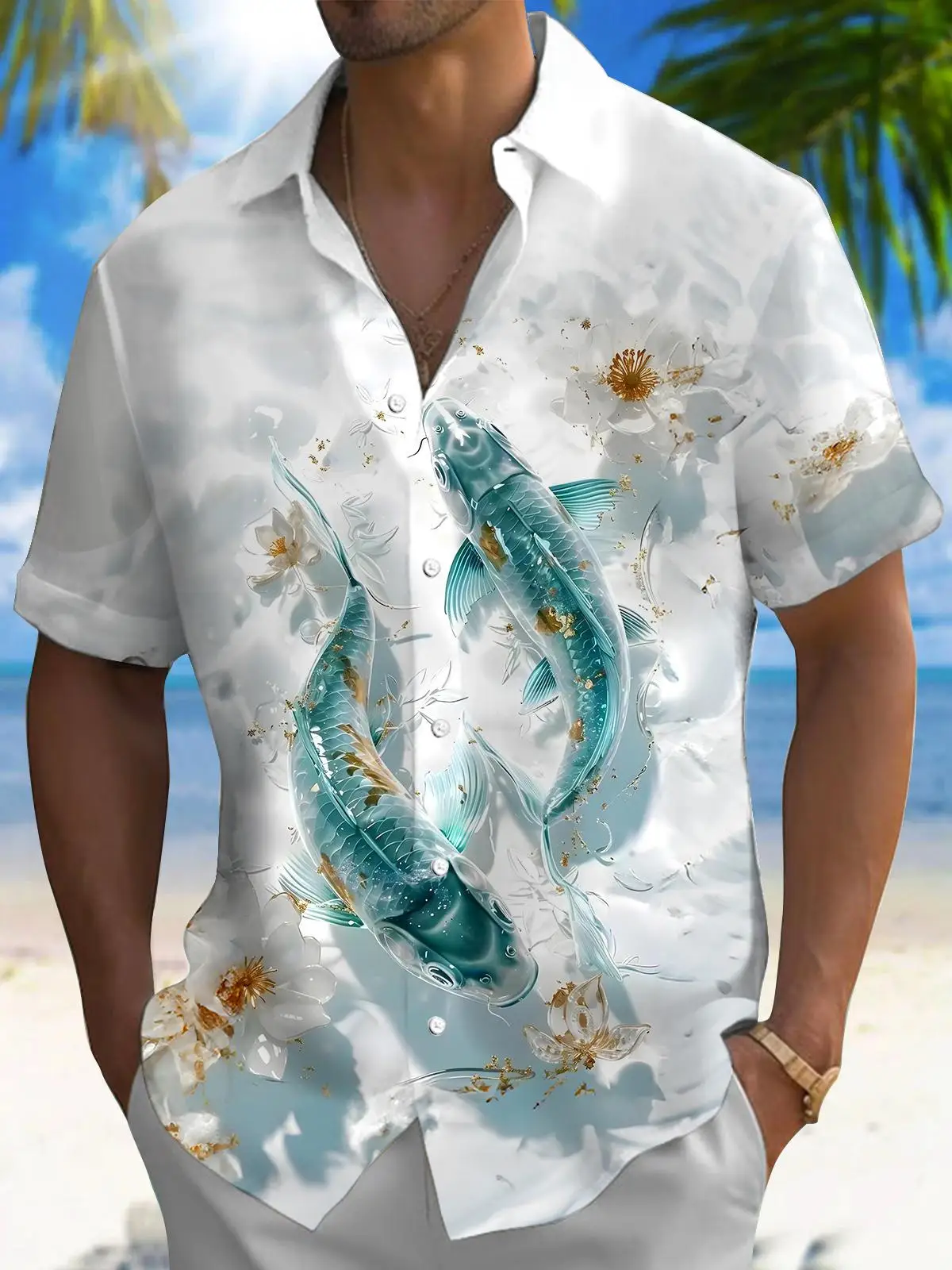

New Hawaii Spring/Summer Fashion Leisure Street Walk Tourist Beach Printed Full Open Short Sleeve Button Shirt, XS-5XL