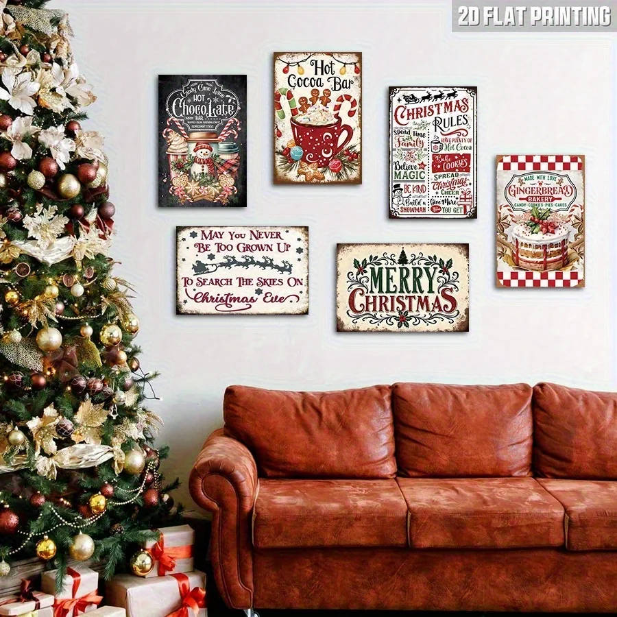 

6 шт. Рождественские металлические жестяные вывески - Железный настенный художественный декор с предварительно просверленными отверстиями, юмористический праздничный декор для дома и бара - Ретро I