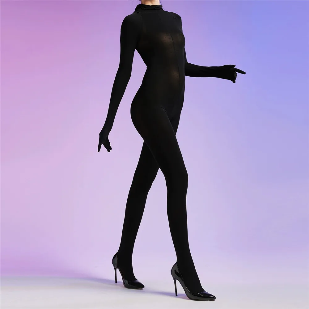 

Sexy Women 120D Velvet Glove Sleeve Full Bodysuit Open Crotch Sexy Tight Bottom Wear Maid Leotard Bandage Cocoons Bodyhouse