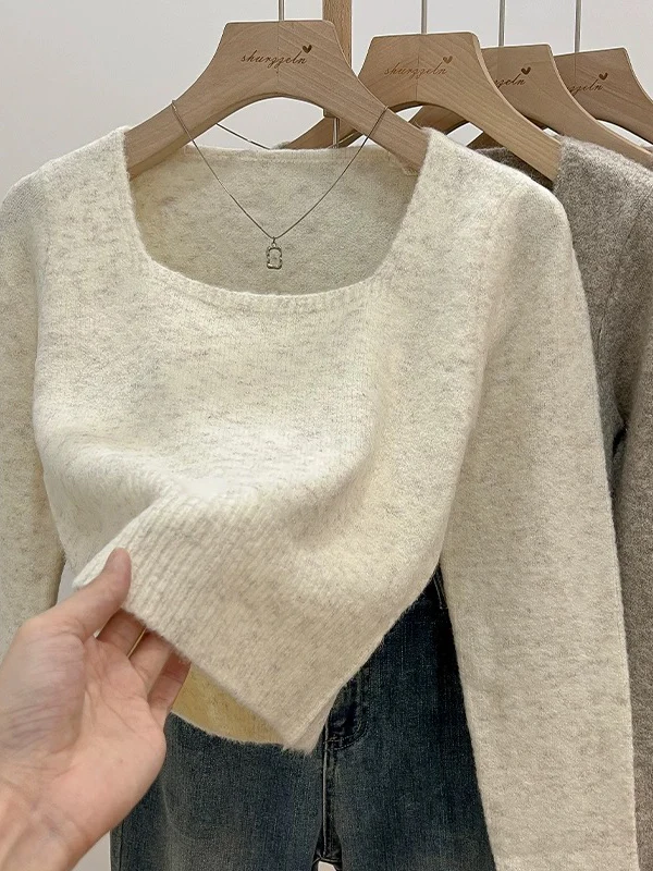 Soft ort Svel Sweater Women's Autumn Winter New Sle Long Sve Square Collar Inner Wear Knitted Top Base irt