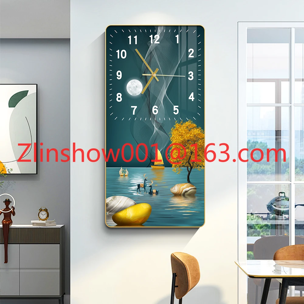 Modern Luxury Poster Printed Crystal Porcelain Painting Mural Mute Clock Feather Wall Clock Living Room Home Decoration Frame