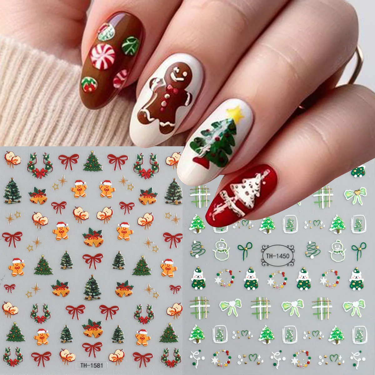 2PCS Christmas Nail Art Stickers, Santa Claus Gingerbread Man Gift Box Candy Cane Bow Christmas Tree Self Adhesive Decals